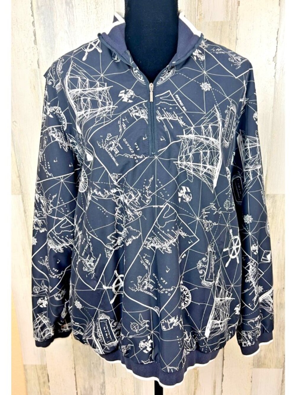 LizGolf Windbreaker Jacket Sport Nautical Vintage Blue Boat Beach 1/4 Zip Pocket